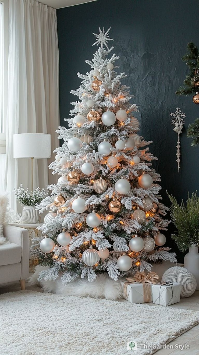 Los tonos perlados y champagne permiten crear una decoración navideña luminosa y sofisticada (Foto: IA).