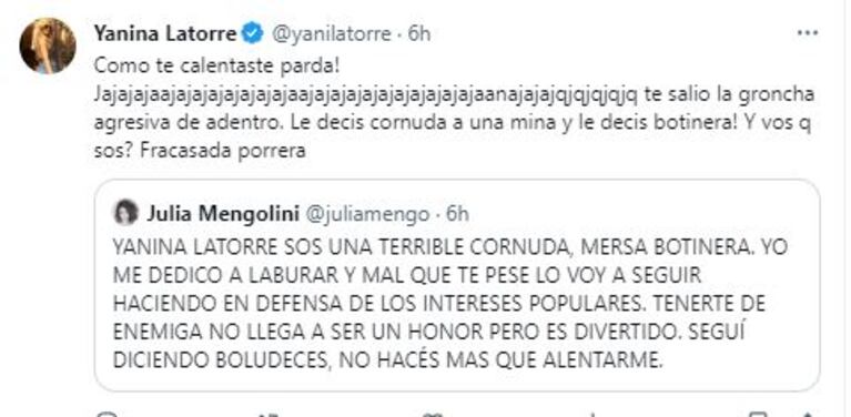 Los tremendos tweets de Yanina Latorre a Julia Mengolini (Foto: Twitter / X)