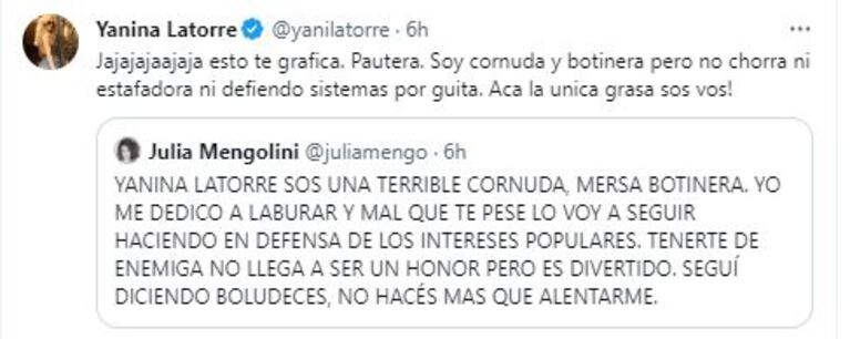 Los tremendos tweets de Yanina Latorre a Julia Mengolini (Foto: Twitter / X)