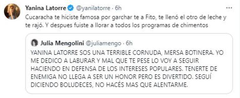 Los tremendos tweets de Yanina Latorre a Julia Mengolini (Foto: Twitter / X)