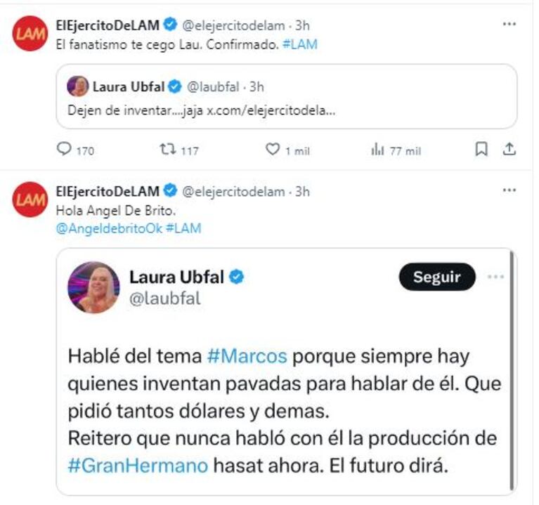 Los tweets de Ángel de Brito y LAM contra Laura Ubfal (Foto: Twitter / X)