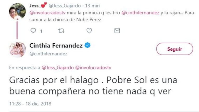 Los tweets de Cinthia Fernández, luego de que anunciaran en vivo que Sol Pérez la reemplazará en Involucrados