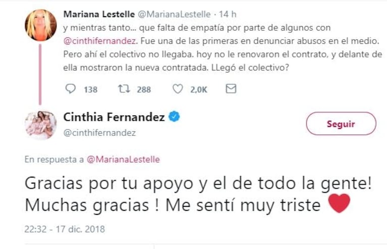 Los tweets de Cinthia Fernández, luego de que anunciaran en vivo que Sol Pérez la reemplazará en Involucrados