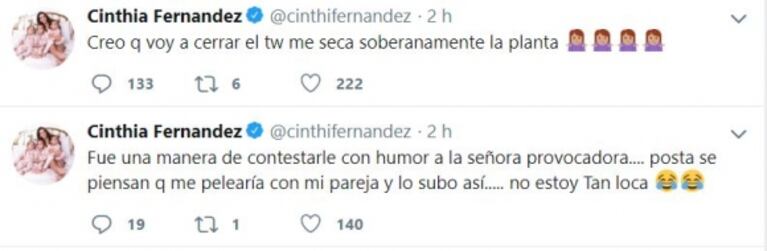 Los tweets de Cinthia Fernández ¡que después borró! tras su 'pelea' con Martín Baclini: "Pongo a todos en su lugar"
