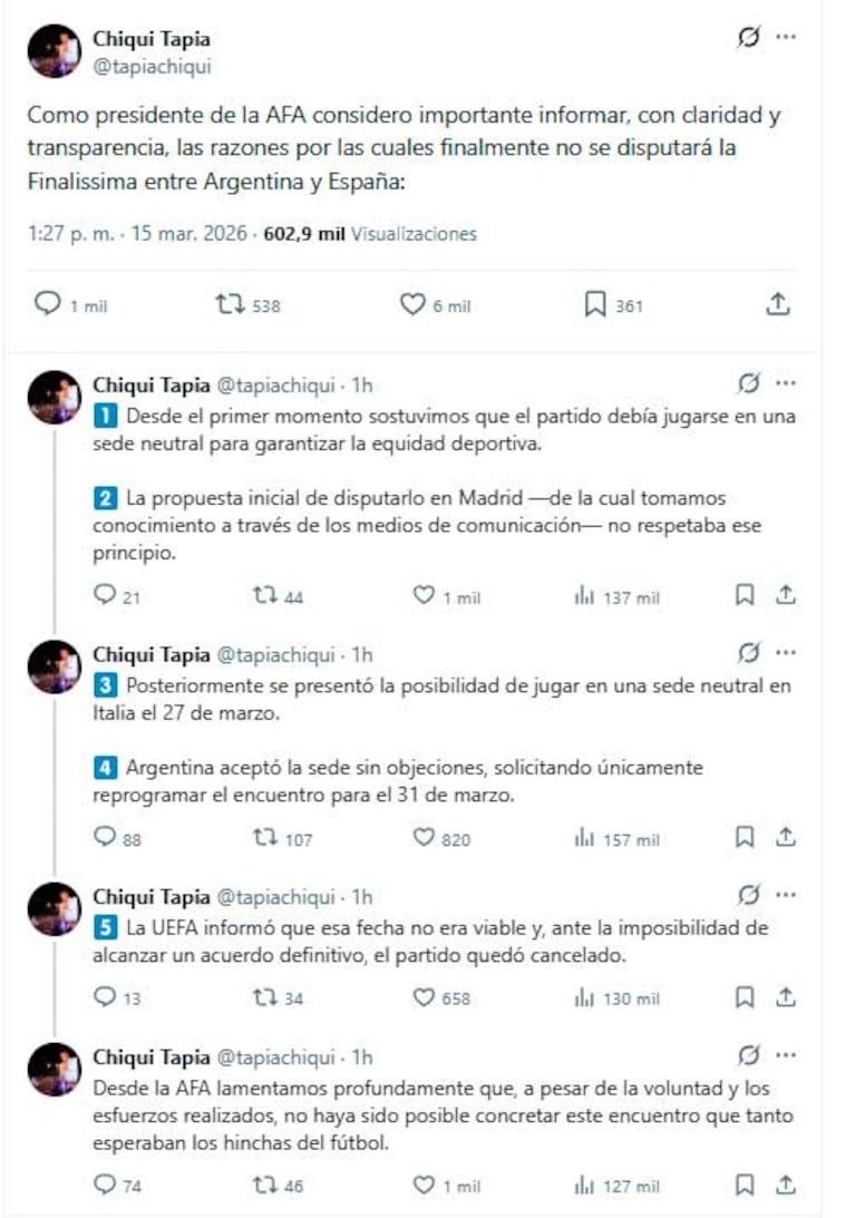 Los tweets de Claudio "Chiqui" Tapia sobre la cancelación de la Finalissima entre Argentina y España (Foto:X / @tapiachiqui)