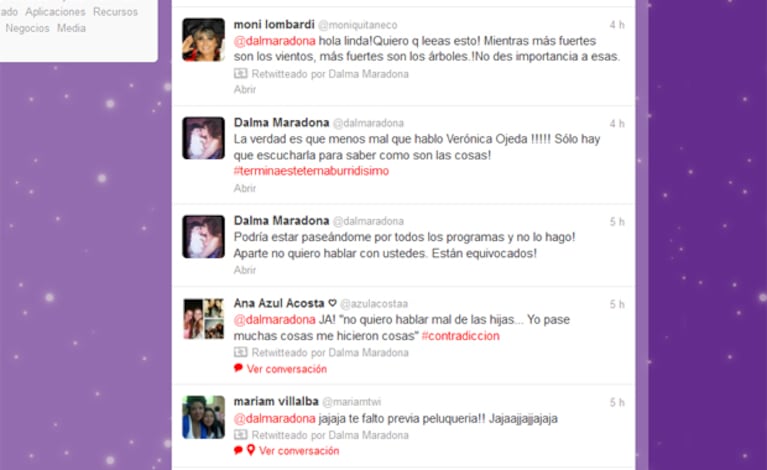 Los tweets de Dalma Maradona contra Verónica Ojeda.