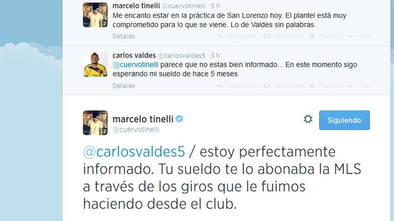 Los tweets de Tinelli y Carlos Valdés. (Foto: Twitter @cuervotinelli y @carlosvaldes5)