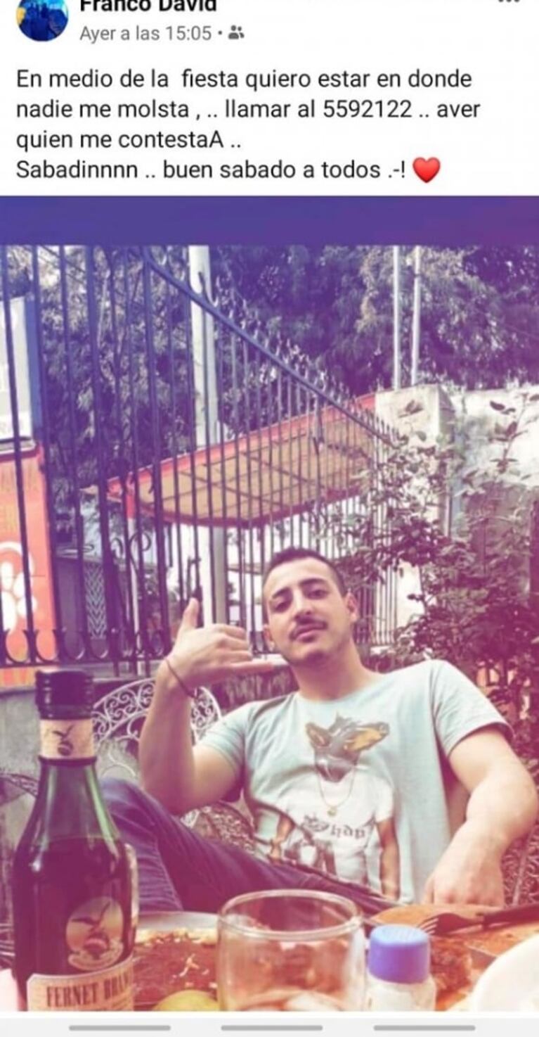 Los últimos posteos de Franco, el hermano de Pamela David, antes de quitarse la vida en su casa de Santiago del Estero