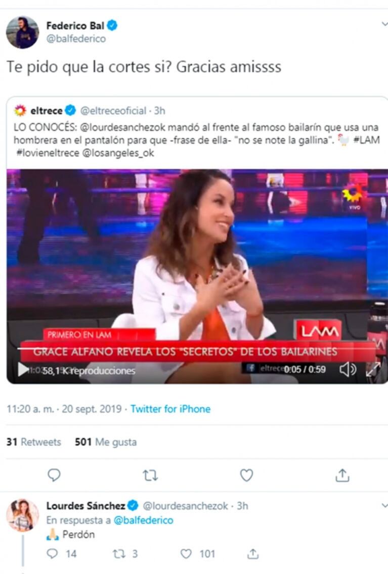 Lourdes Sánchez mandó al frente a Fede Bal por su look de calzas en el Bailando: la divertida reacción del actor