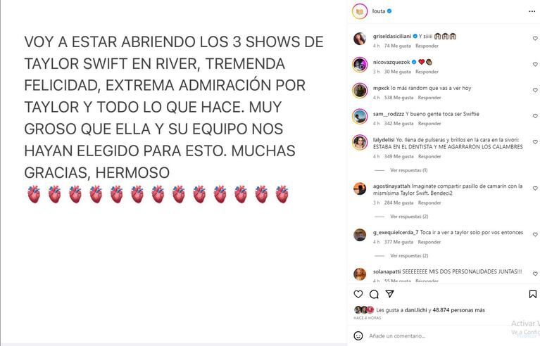 Louta abrirá los shows de Taylor Swift en River