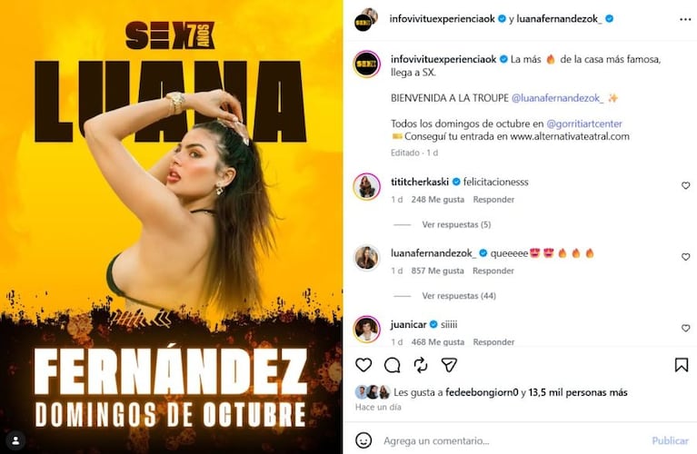 Luana Fernández se suma a Sex tras su paso por Gran Hermano Generación Dorada. Crédito: Instagram