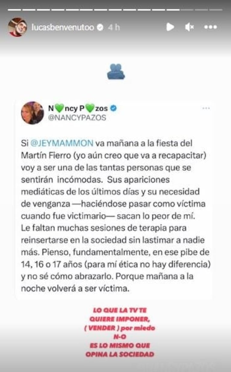 Lucas Benvenuto arremetió contra Jey Mammon por su decisión de ir a los Martín Fierro: "Abran los ojos" 