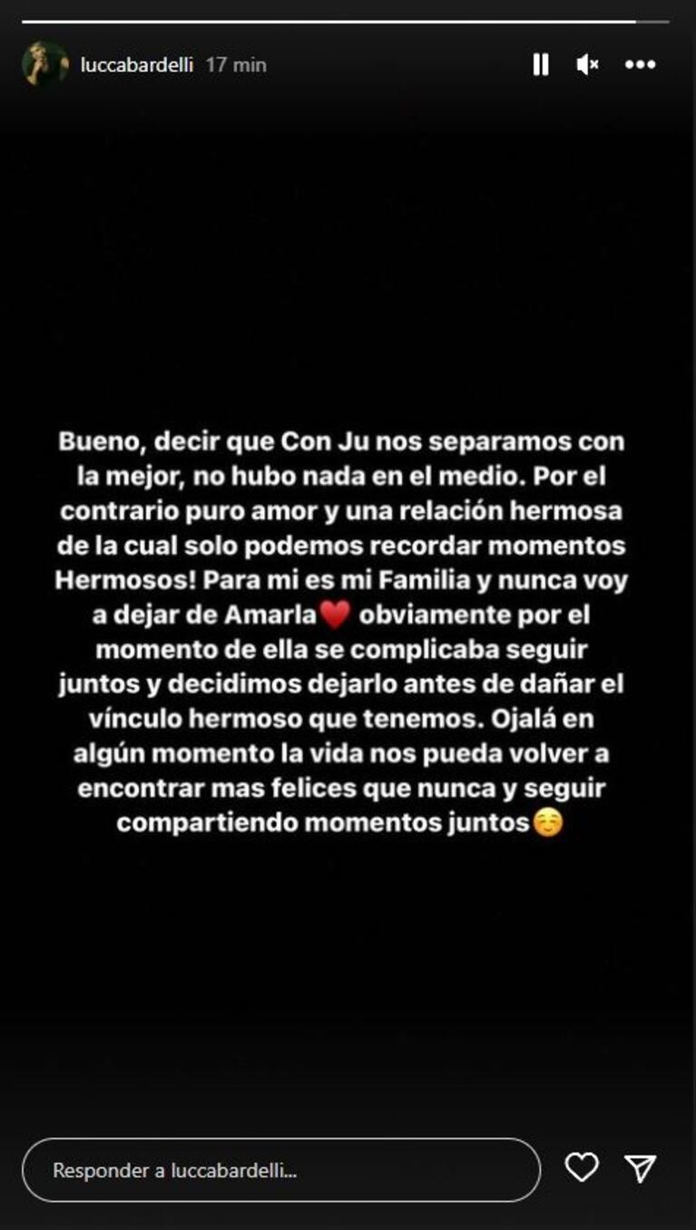 Lucca Bardelli confirmó el fin del noviazgo con Julieta Poggio: el triste mensaje en Instagram