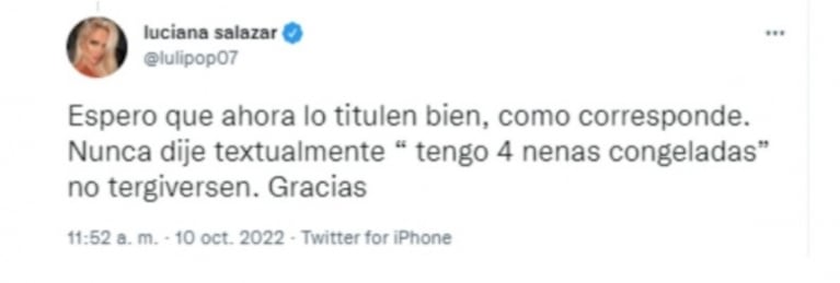 Luciana Salazar aclaró sus dichos sobre sus embriones congelados