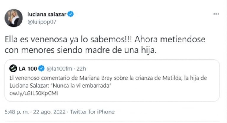 Luciana Salazar apuntó con todo contra Mariana Brey por hablar de la crianza de su hija