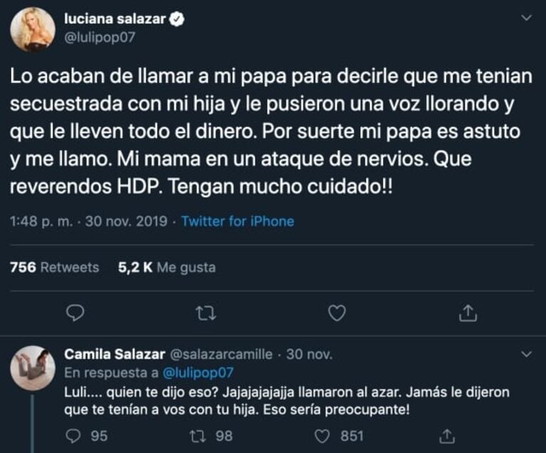 Luciana Salazar contó que sufrió un intento de secuestro virtual pero su hermana la desmintió a medias: "¿Quién te dijo eso? Ja, ja, ja"