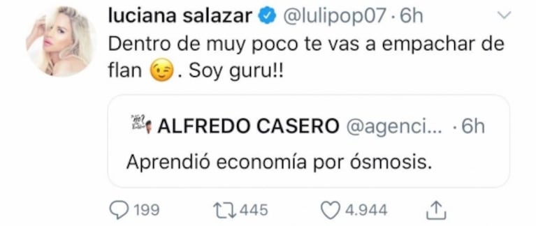 Luciana Salazar, contra Alfredo Casero tras burlarse de su nuevo perfil político: "Te vas a empachar de flan"