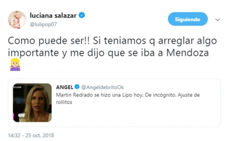 Luciana Salazar estalló en Twitter tras los rumores de que Redrado había pasado por el quirófano