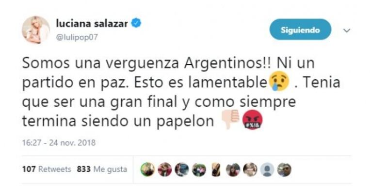 Luciana Salazar, furiosa por los incidentes en la final entre Boca y River: "¡No paran los tiros en mi barrio! Mi hija está llorando"