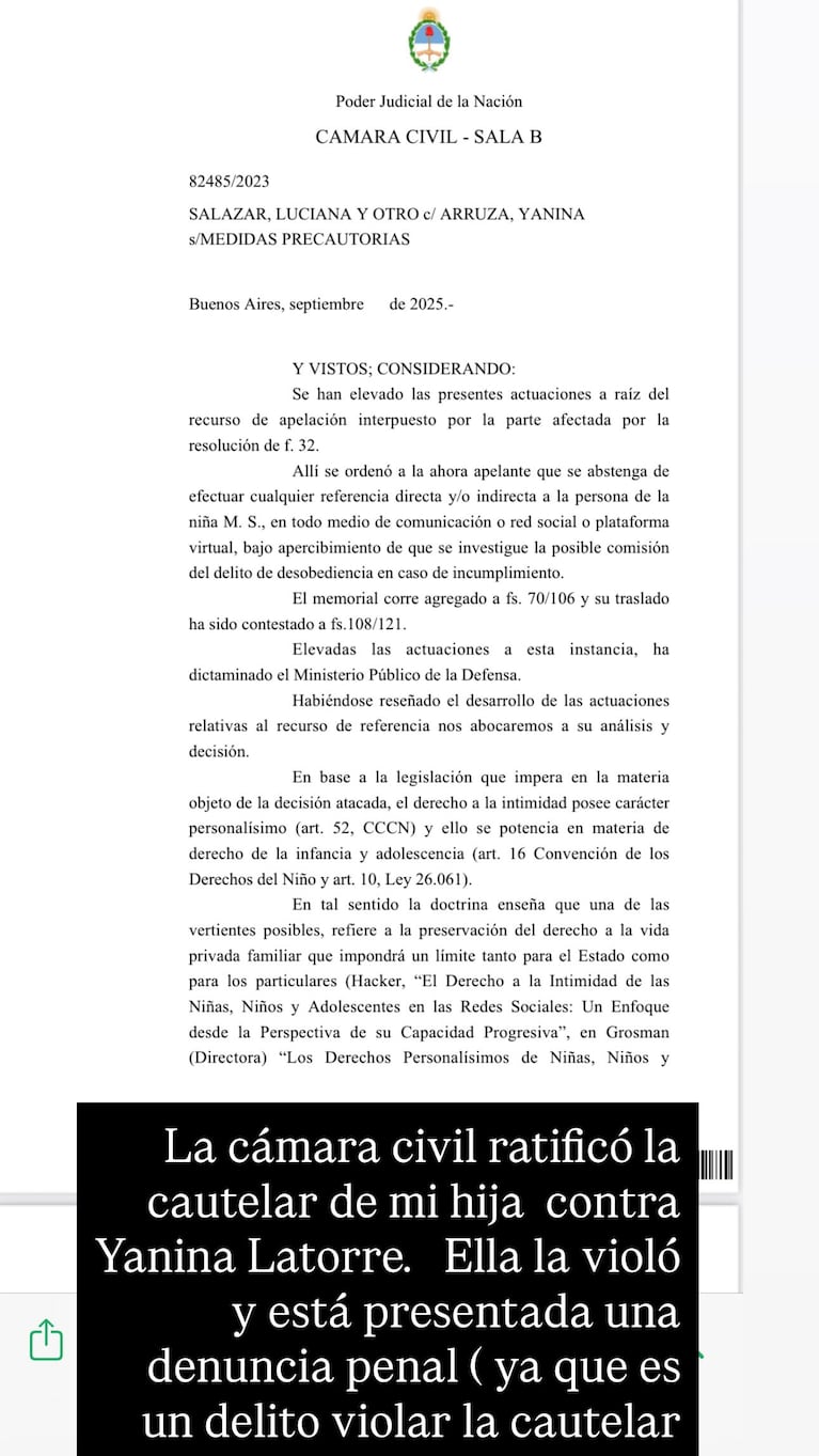 Luciana Salazar mostró los dictámenes de la Justicia contra Yanina Latorre. (Foto: @salazarluli)