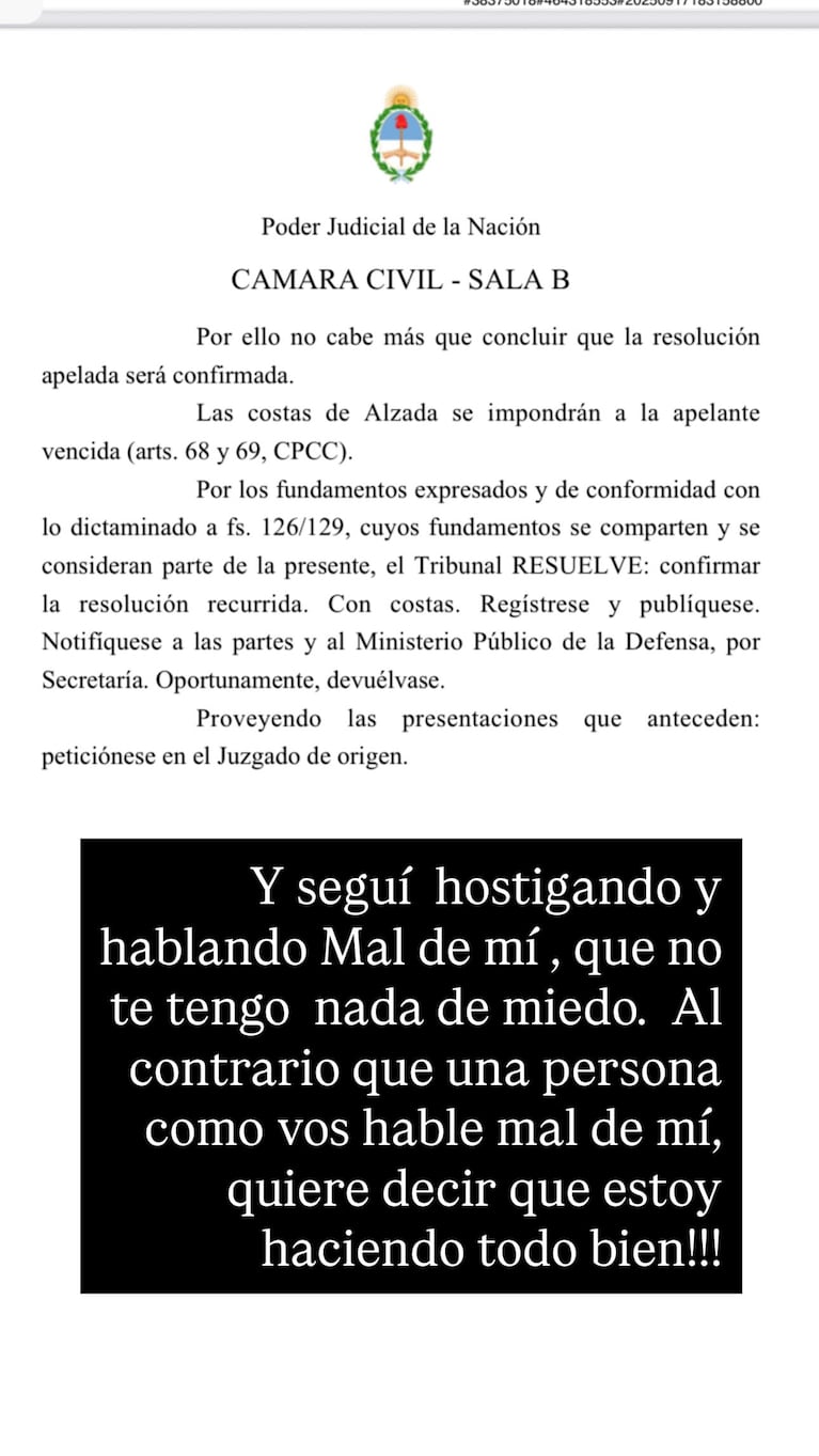 Luciana Salazar mostró los dictámenes de la Justicia contra Yanina Latorre. (Foto: @salazarluli)