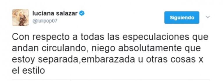 Luciana Salazar, tras los rumores de crisis con Redrado y su posible maternidad (que ella misma creó): "Niego absolutamente estar separada y embarazada"