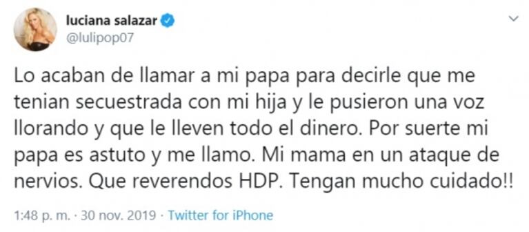 Luciana Salazar y el terrible momento que vivió su papá: "Lo acaban de llamar para decirle que me tenían secuestrada con mi hija"