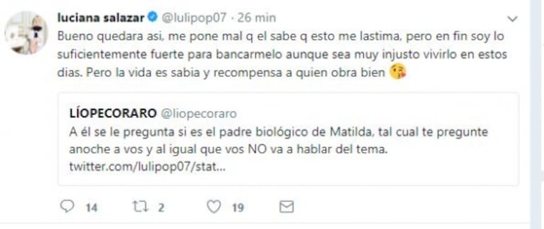 Luciana Salazar y su llamativa respuesta cuando le preguntaron si Redrado es el padre biológico de su hija: "Él sabe que esto me pone mal"