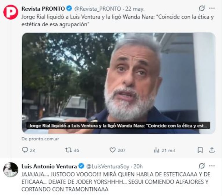 Luis Ventura explotó contra Jorge Rial tras su burla al Martín Fierro de Wanda Nara (Foto: X / @luisventurasoy)