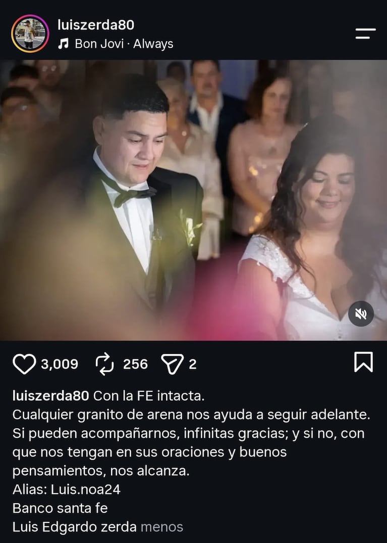 Luis Zerda pidió cadena de oración y ayuda para su esposa, Noelia Báez, que atraviesa un cuadro delicado de salud (Foto: Instagram).