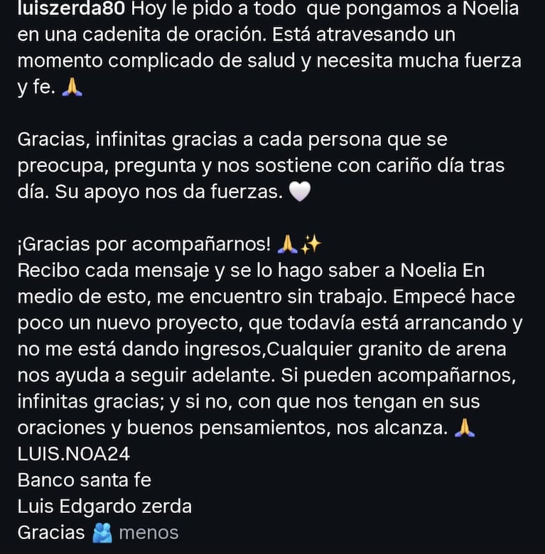 Luis Zerda pidió cadena de oración y ayuda para su esposa, Noelia Báez, que atraviesa un cuadro delicado de salud (Foto: Instagram).