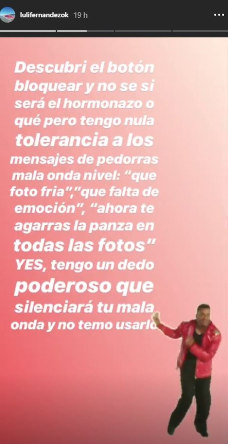 Luli Fernández, ante las críticas de sus fotos embarazada: "Descubrí el botón de bloquear y no temo usarlo"