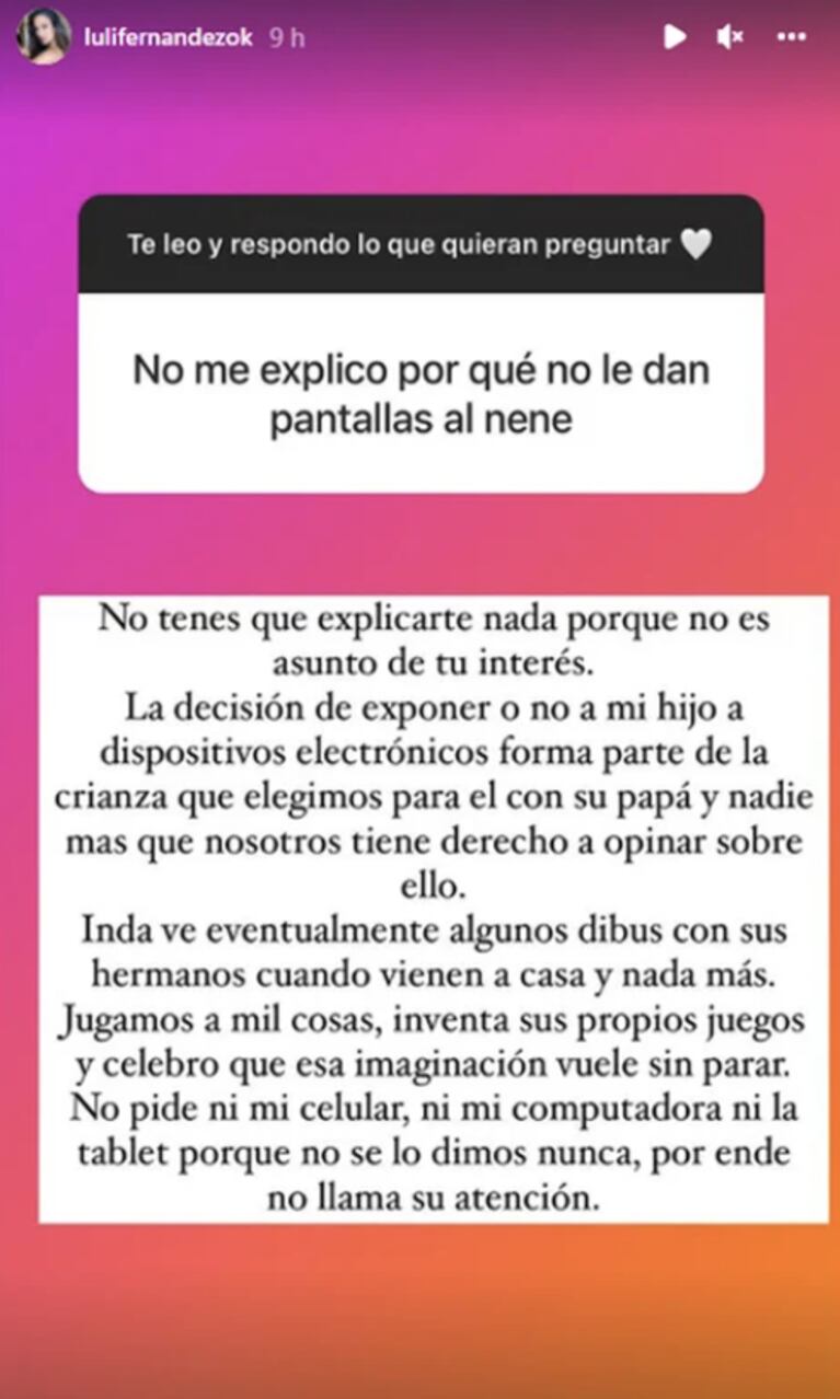 Luli Fernández se cruzó con sus seguidoras tras recibir críticas por cómo cría a su hijo: "No es de tu interés"