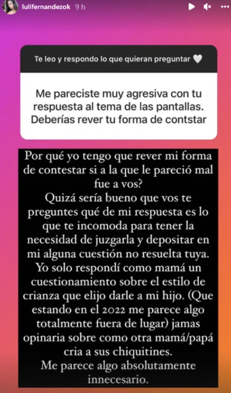 Luli Fernández se cruzó con sus seguidoras tras recibir críticas por cómo cría a su hijo: "No es de tu interés"
