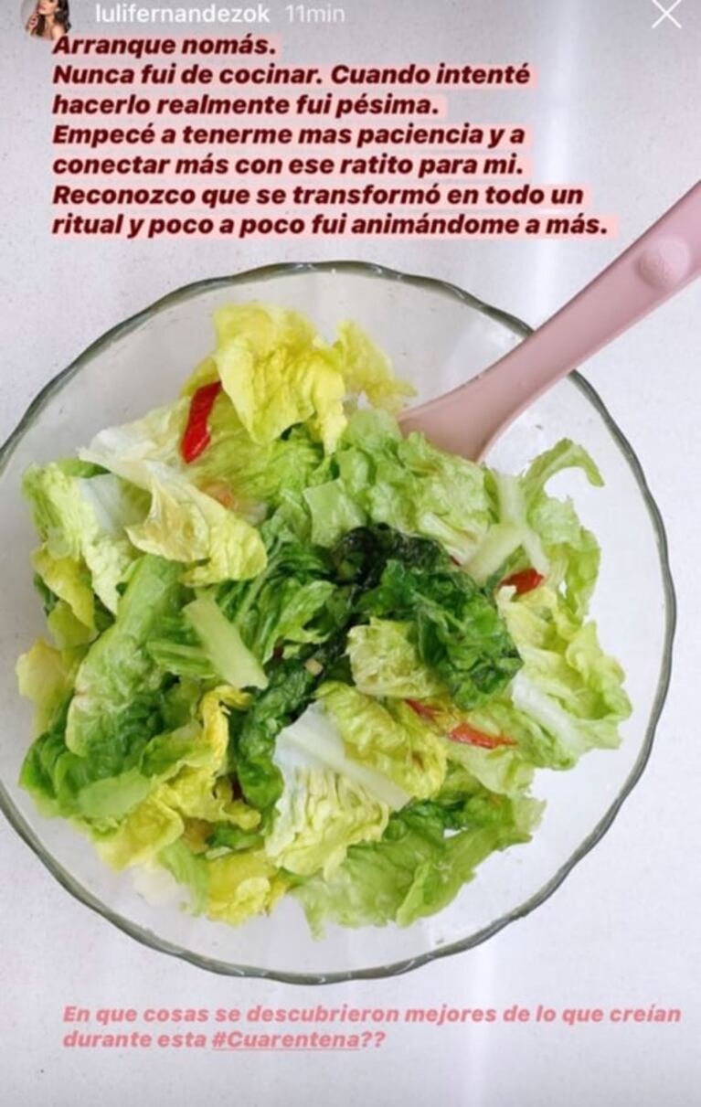 Luli Fernández y las feroces críticas que recibió por subir la foto de una ensalada: "Me han llegado a decir 'qué lástima que no te secuestraron al pibe'"