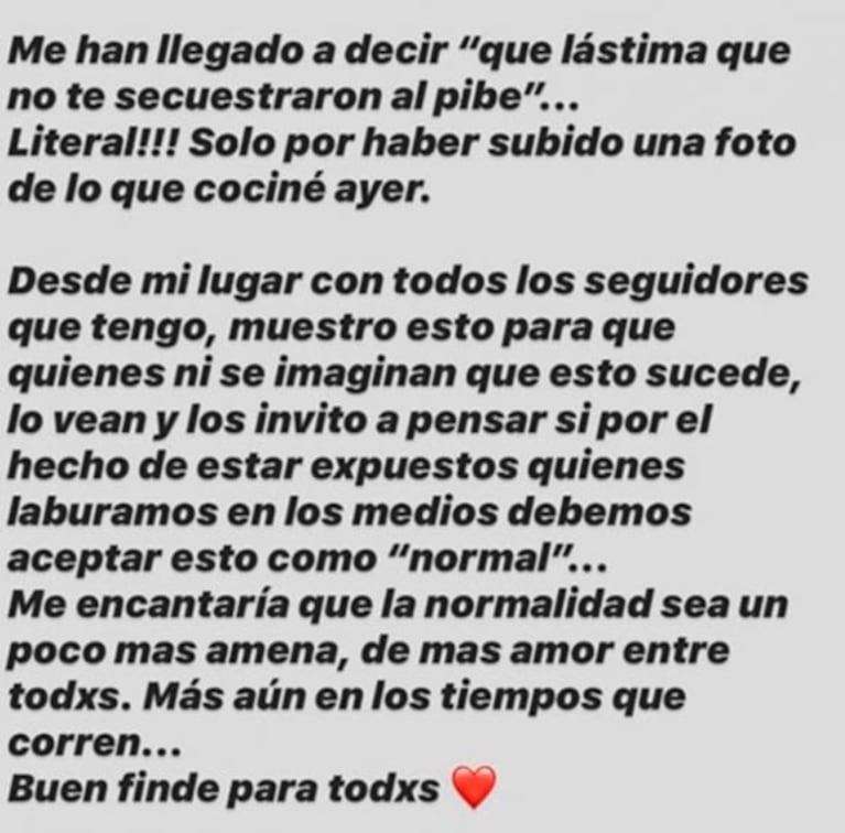 Luli Fernández y las feroces críticas que recibió por subir la foto de una ensalada: "Me han llegado a decir 'qué lástima que no te secuestraron al pibe'"