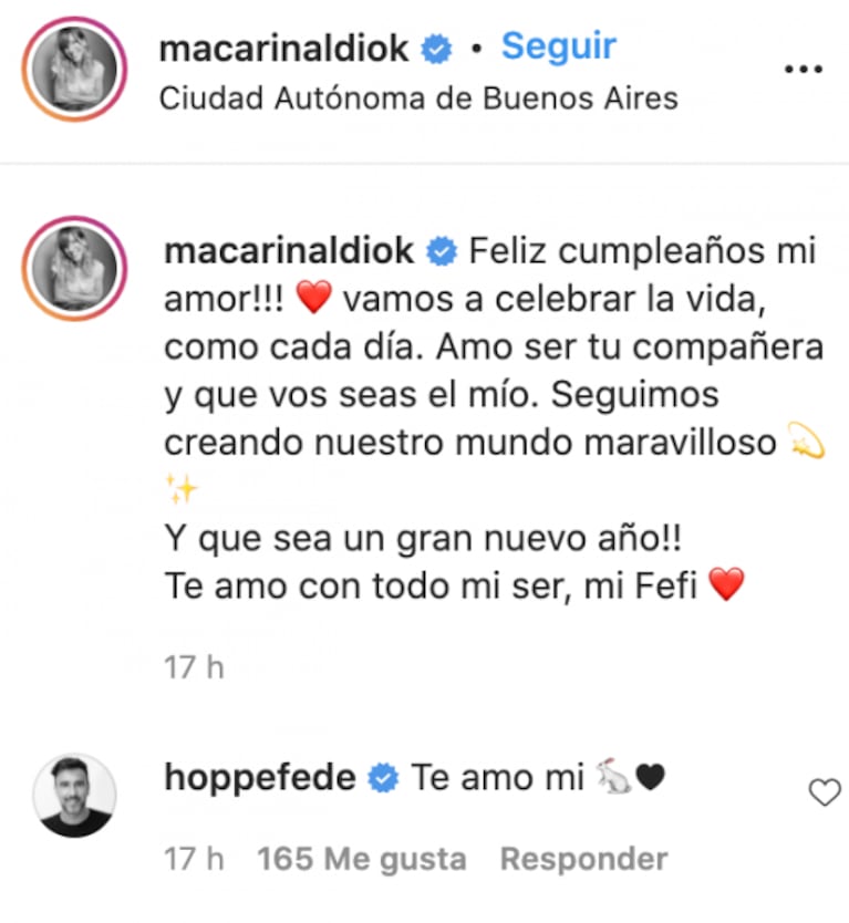 Maca Rinaldi le dedicó a Fede Hoppe un apasionado posteo por su cumple: "Amo ser tu compañera"