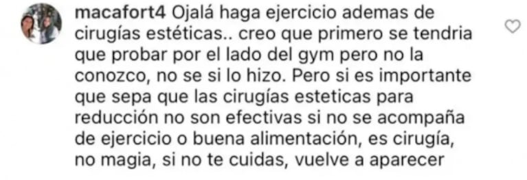 Macarena, la sobrina de Ricardo Fort, cuestionó a More Rial por sus cirugías estéticas: "Ojalá haga ejercicio"