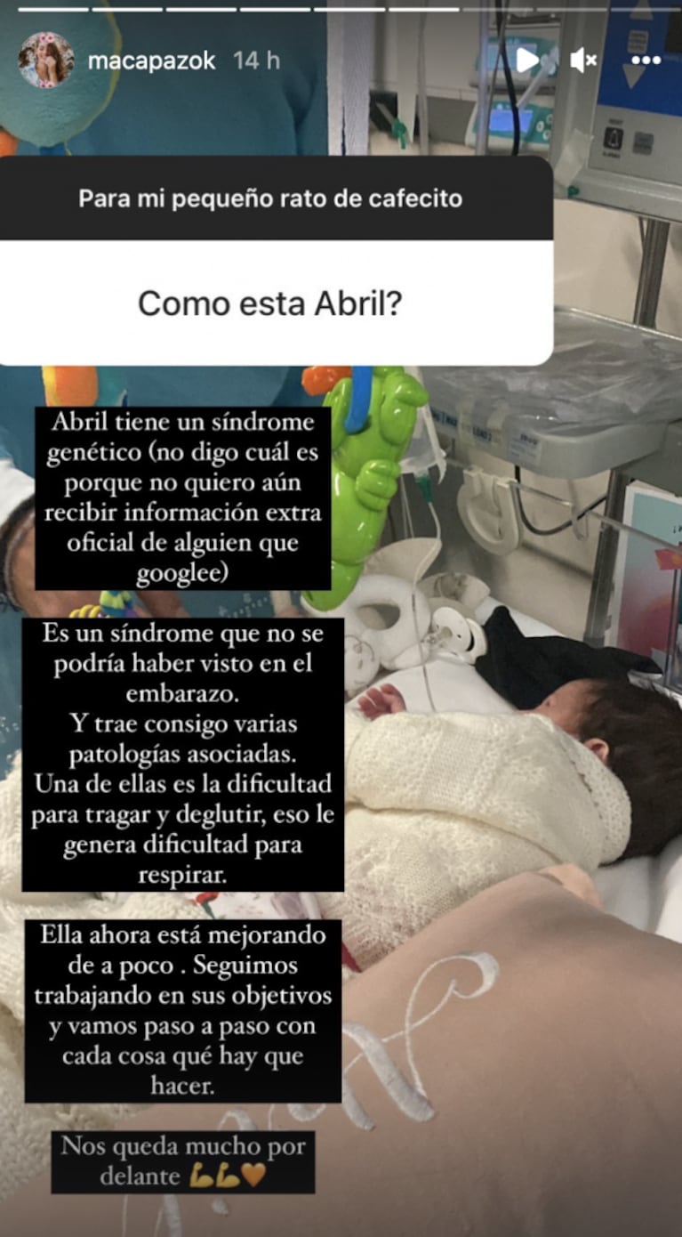 Macarena Paz habló de la salud de su beba, que está internada en neonatología hace un mes: "Está mejorando de a poco"