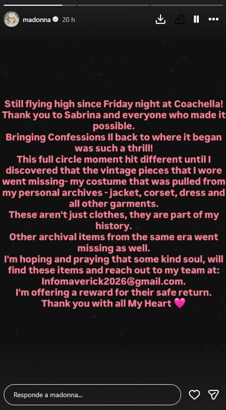 Madonna perdió el atuendo que usó en Coachella 2026: qué recompensa ofrece | Créditos: Instagram @madonna