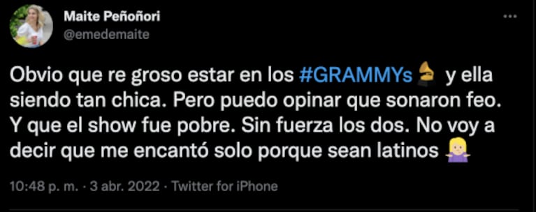 Maite Peñoñori criticó el show de María Becerra y J Balvin en los Premios Grammy 2022: "Sonaron feito"