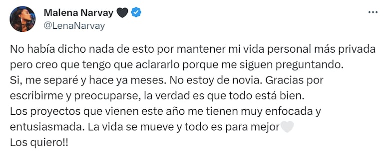 Malena Narvay confirmó su separación y reveló a corazón abierto cómo se siente: “Creo que tengo que aclararlo”