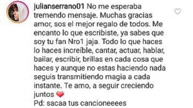 Malena Narvay sorprendió a Julián Serrano con un profundo saludo de cumple: "No me esperaba tremendo mensaje"