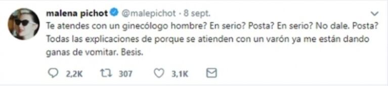 Malena Pichot criticó a las mujeres que se atienden con ginecólogos varones: "Me dan ganas de vomitar"