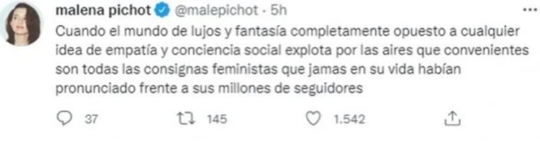 Malena Pichot opinó tras el descargo de la China Suárez: "El feminismo no está para defender a las personas en los escándalos televisivos"