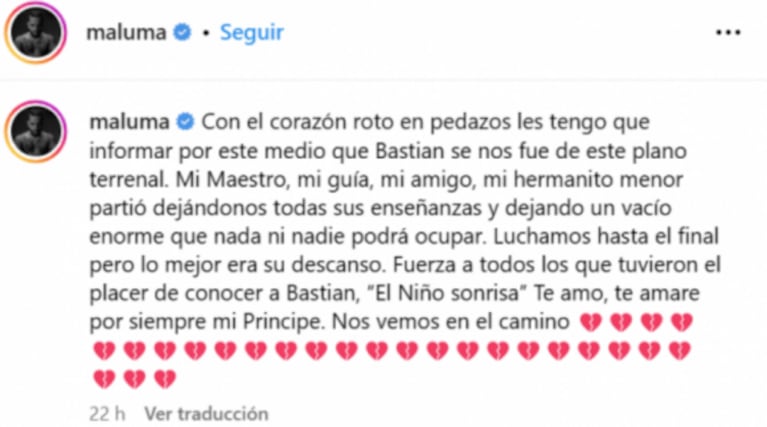 Maluma despidió a su hermanito, que murió de cáncer, con un desgarrador posteo: "Tengo el corazón roto en pedazos"