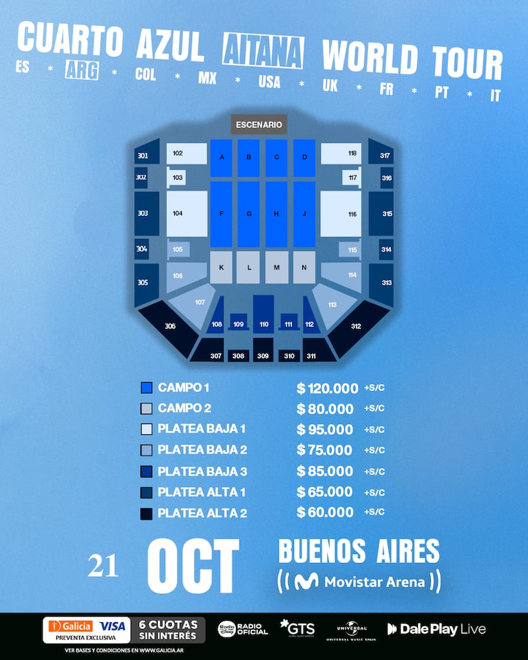 Mapa de las ubicaciones y precios para el show de Aitana