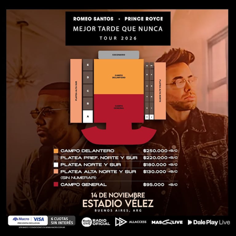 Mapa, precios y ubicaciones para el show de Romeo Santos y Prince Royce.