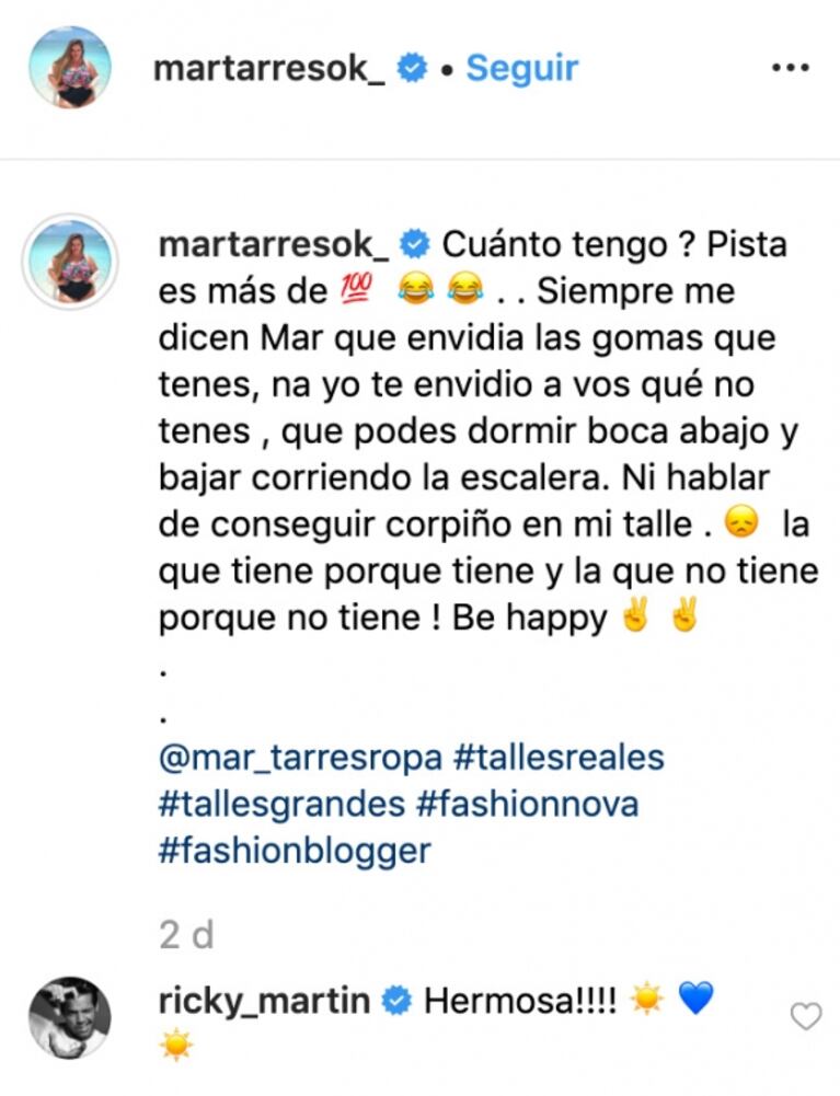 Mar Tarrés, la comediante y modelo plus size, publicó una foto de su mega escote y Ricky Martin se la comentó 