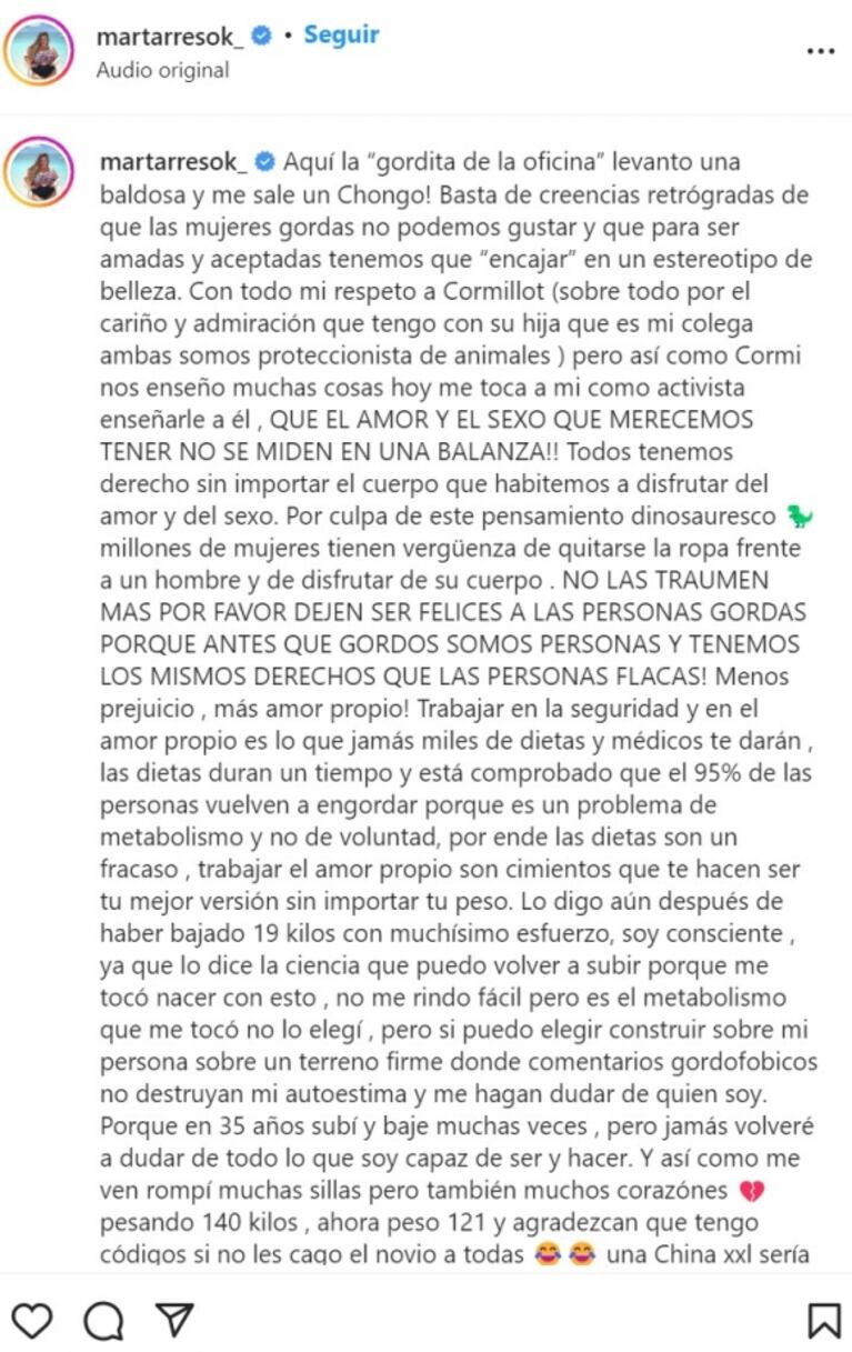 Mar Tarrés le respondió explosiva a Alberto Cormillot tras su polémica frase: "El amor que merecemos no se mide en una balanza"